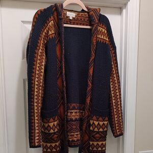 Lucky Brand Hooded Open-Front Cardigan in Navy, Rust, and Cream